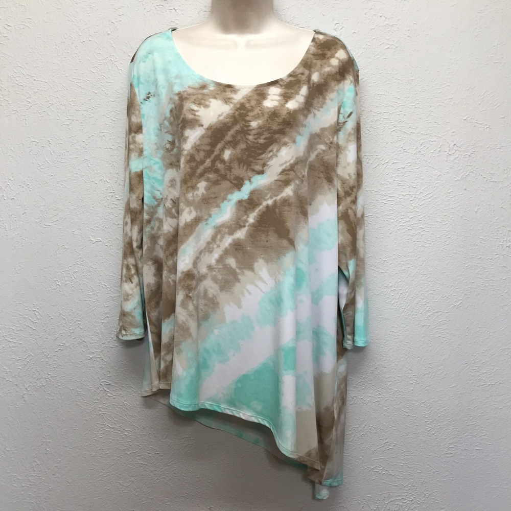 Chicos Tie Dye Tunic Top 3 Womens XL Green Brown Asymmetric Scoop Neck Blouse